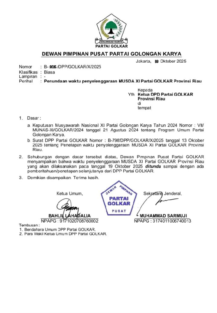 Musda Golkar Riau Kembali Ditunda, DPP Golkar Kirim Surat Resmi