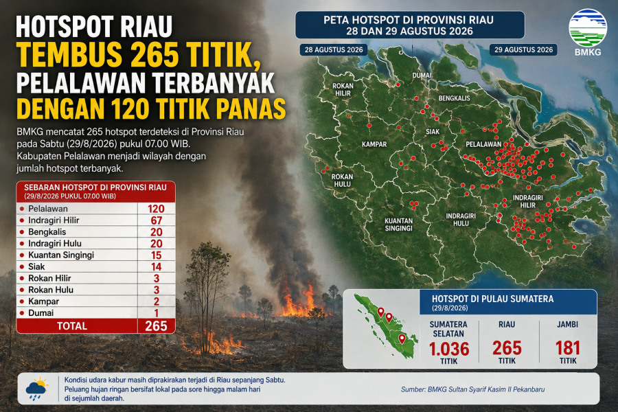 Hotspot Riau Tembus 265 Titik, Pelalawan Terbanyak dengan 120 Titik Panas