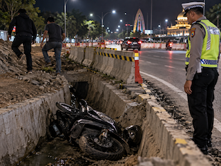 Motor Masuk Parit Proyek Jalan Arifin Ahmad Pekanbaru, Dua Orang Terjatuh Dini Hari