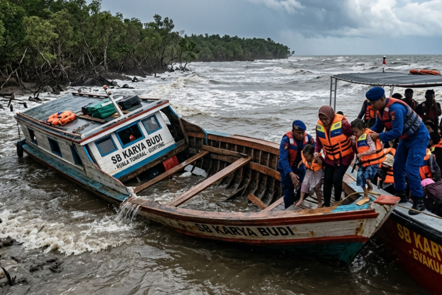 Ombak Besar Rusak Lambung Speedboat di Inhil, Nakhoda Selamatkan 46 Penumpang