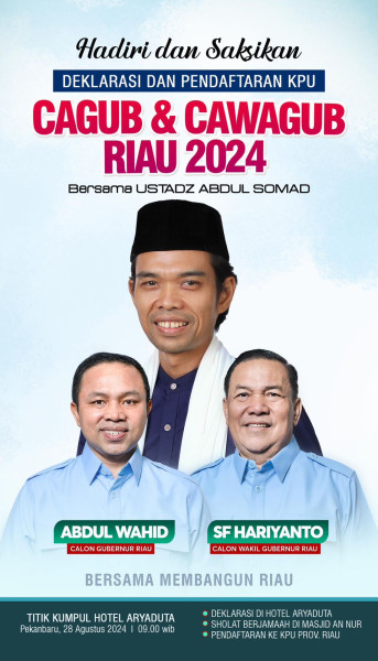 Ustaz Abdul Somad Turun Gunung, Bersama 3600 Relawan Hantarkan Calon Gubernur Riau 2024 Abdul Wahid - SF Hariyanto Mendaftar di KPU