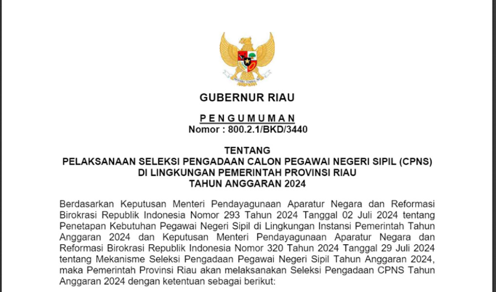 PENGUMUMAN BKD Riau, Formasi Penerimaan CPNS Pemprov Riau 2024 Resmi Dibuka, Cek Disini Jadwal dan Syarat Lengkapnya